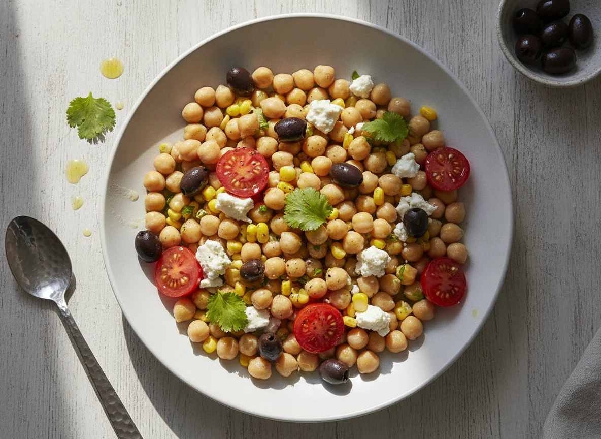 Ensalada de garbanzos con queso feta y aceitunas photo