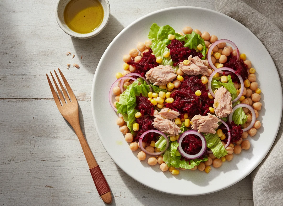 Ensalada de garbanzos con remolacha y atún photo