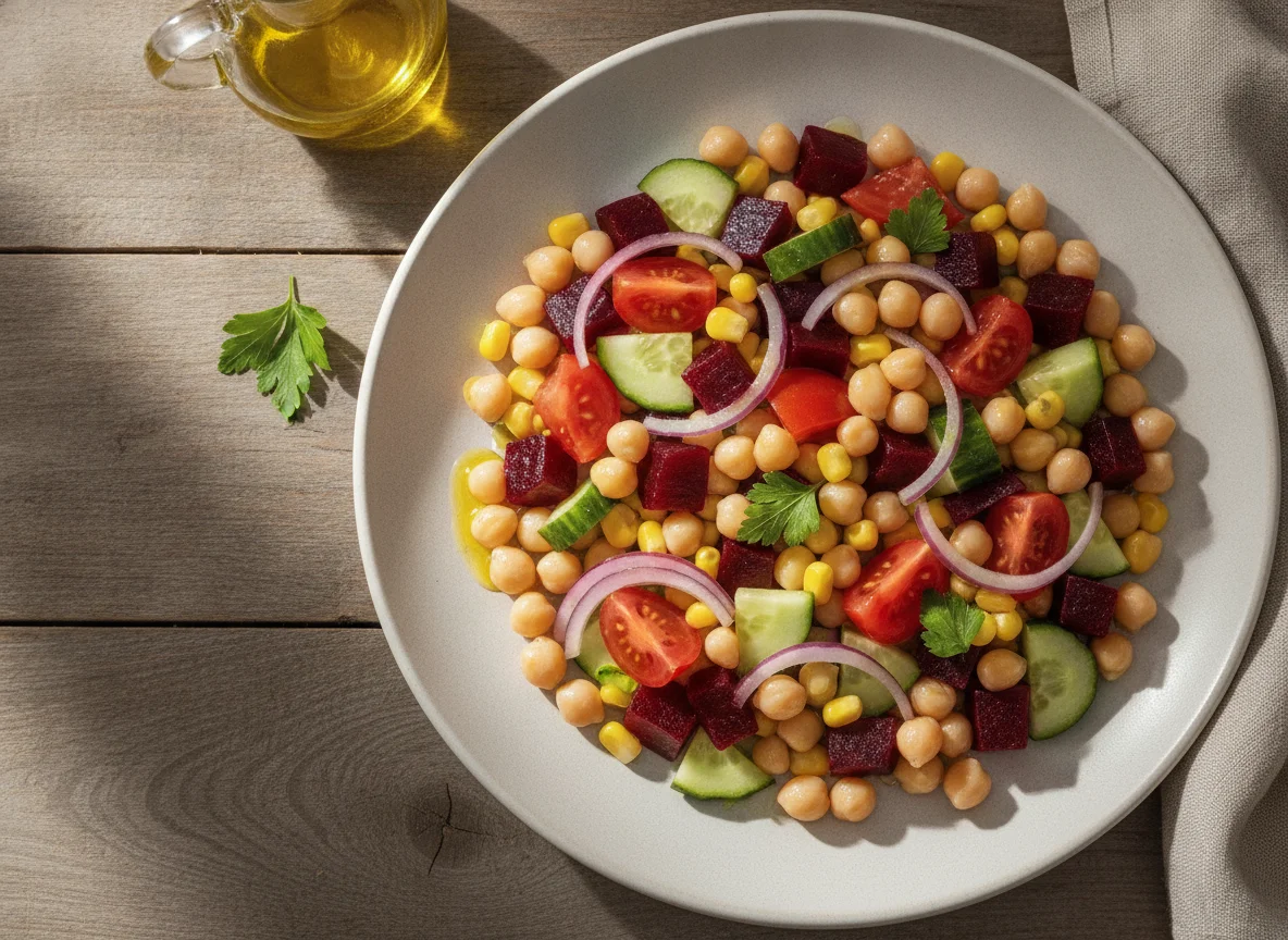 Ensalada de garbanzos con remolacha y maíz photo