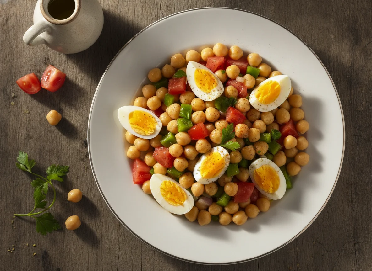 Ensalada de garbanzos con tomate, pimiento y huevo photo