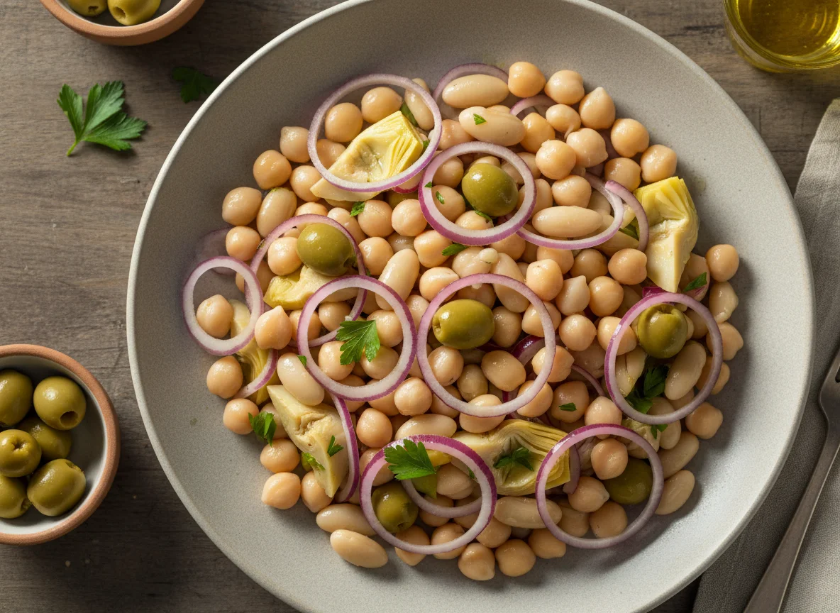 Ensalada de garbanzos y alubias con alcachofas, aceitunas y cebolla photo