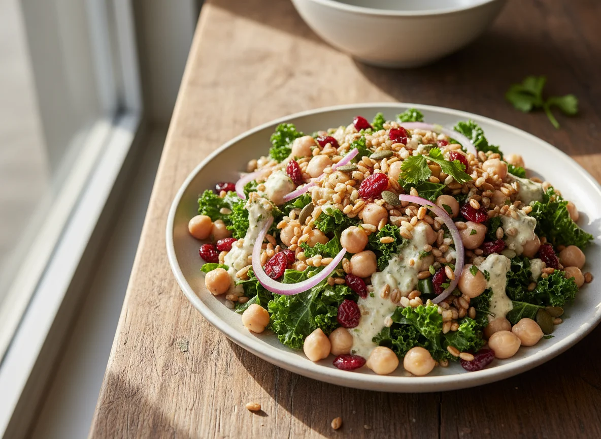 Ensalada de garbanzos y kale con granos photo