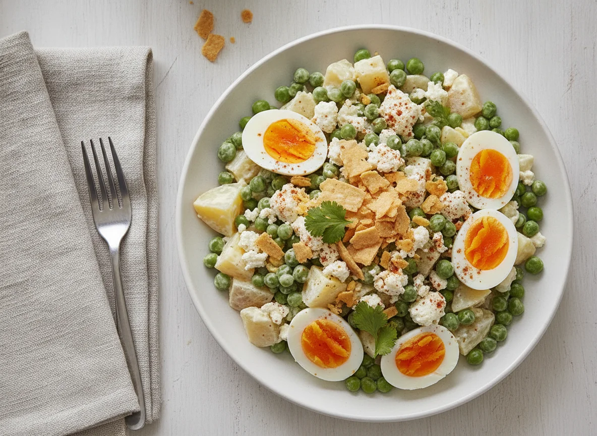 Ensalada de guisantes con patata, huevo y tortitas de maíz photo