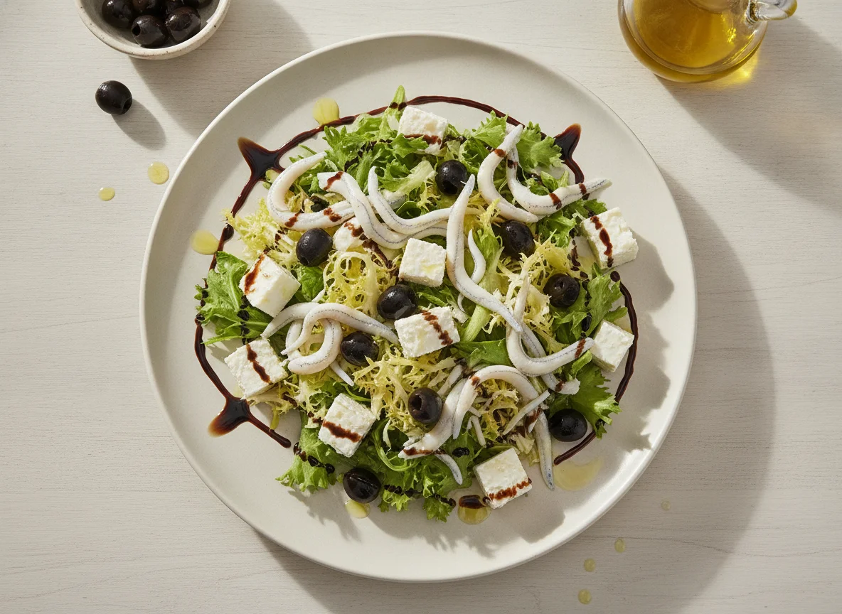 Ensalada de gulas con aceitunas negras y queso photo