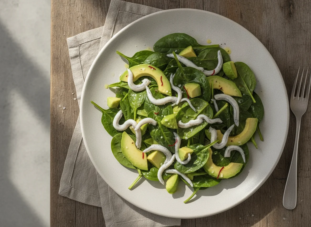 Ensalada de gulas con aguacate y espinacas photo