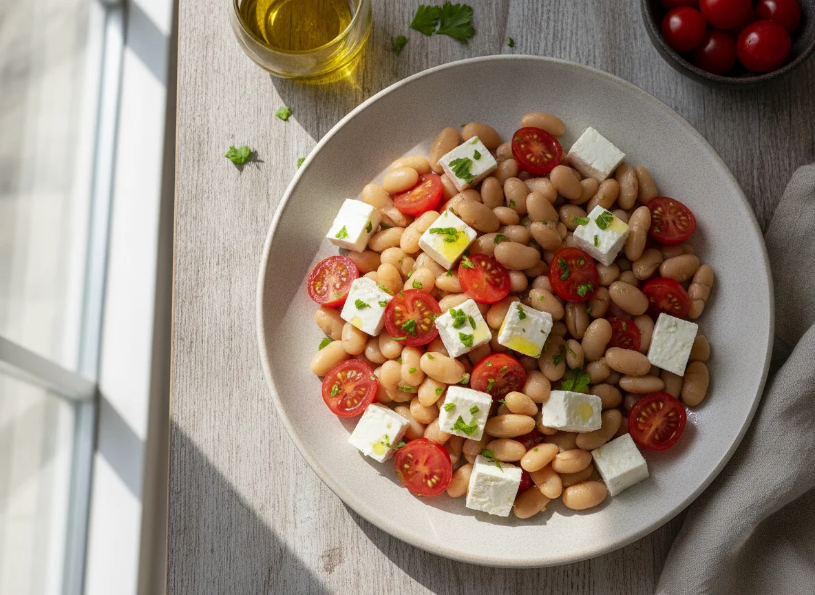 Ensalada de habichuelas con tomate y queso photo