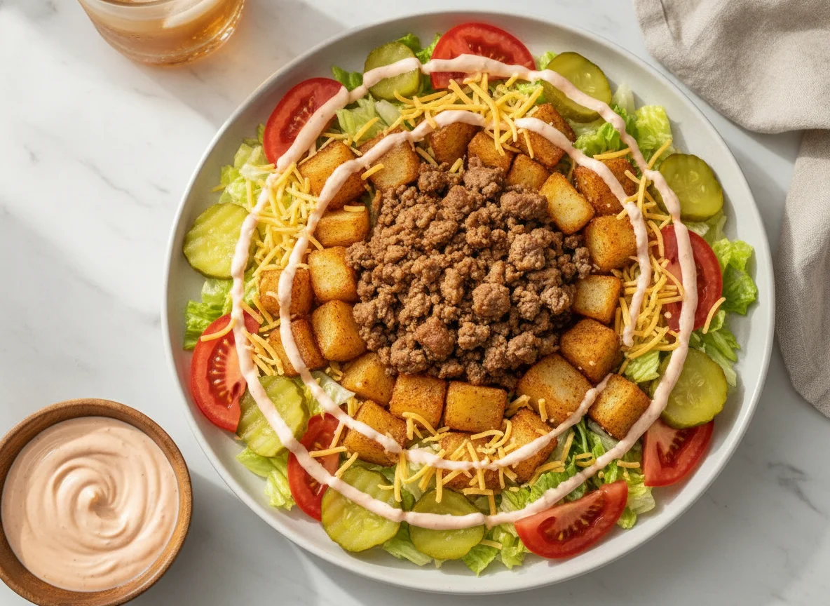 Ensalada de hamburguesa con patatas fritas photo