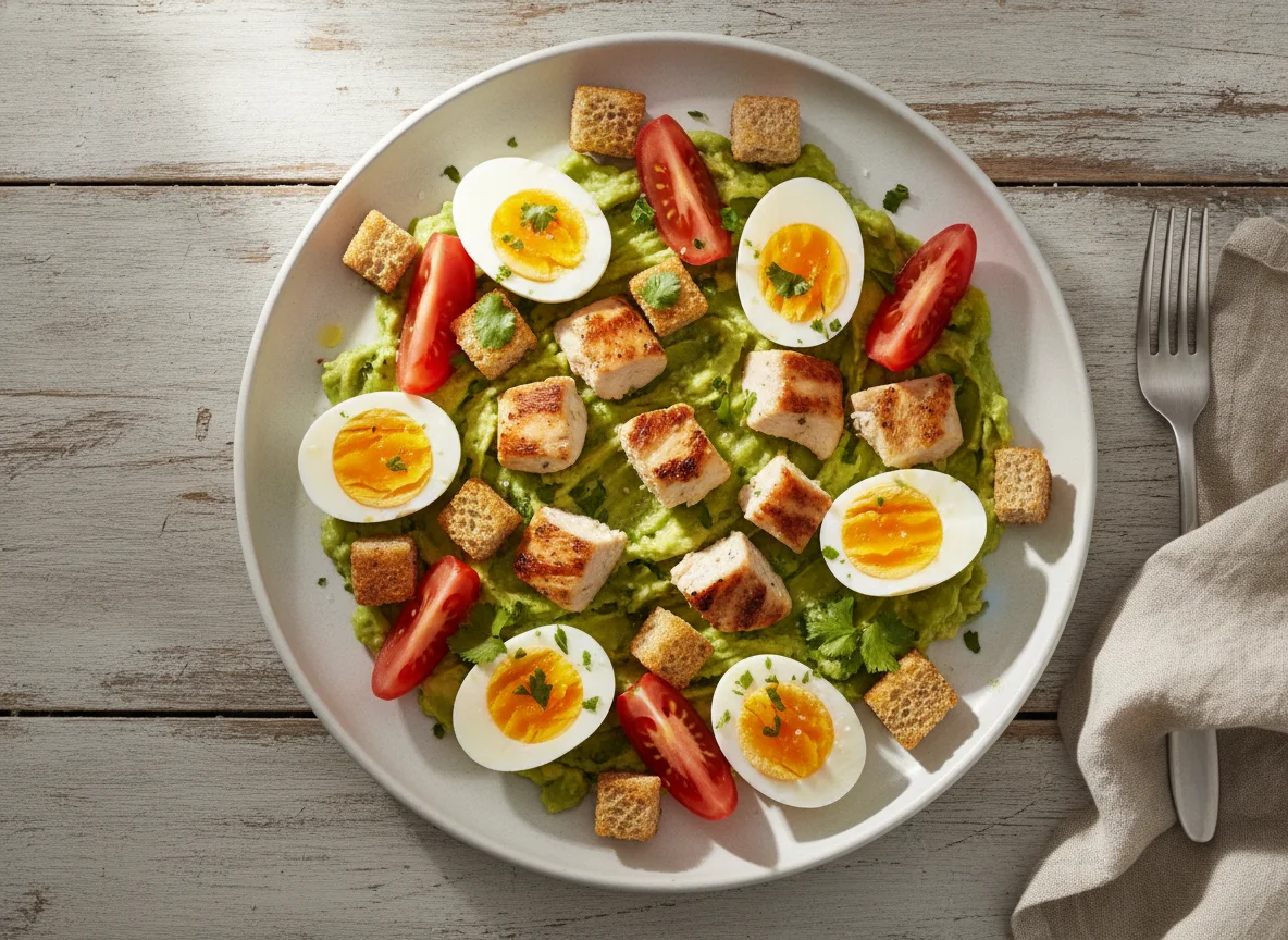 Ensalada de huevo cocido con aguacate y pollo photo