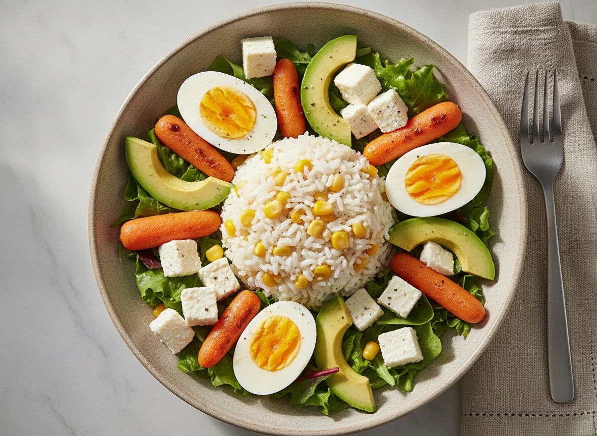 Ensalada de huevo cocido con arroz y aguacate photo