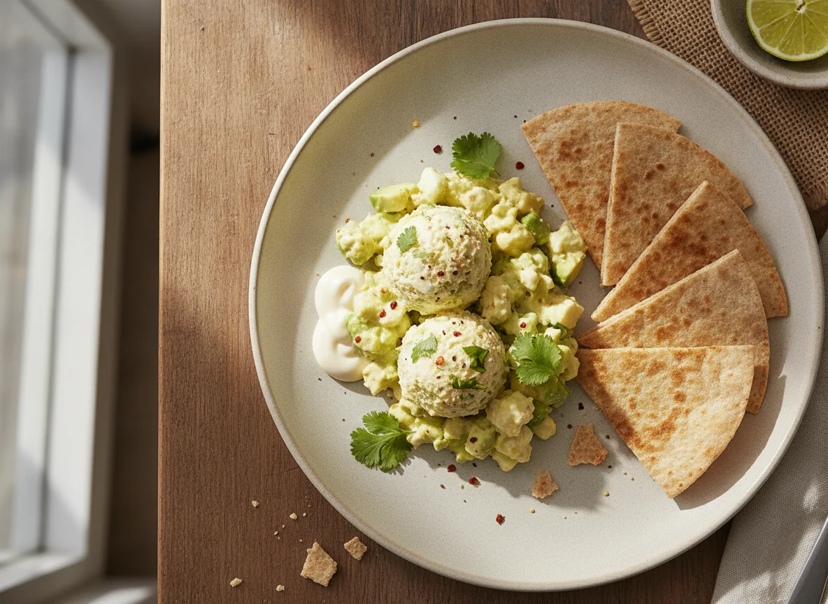 Ensalada de huevo con aguacate y tortilla photo