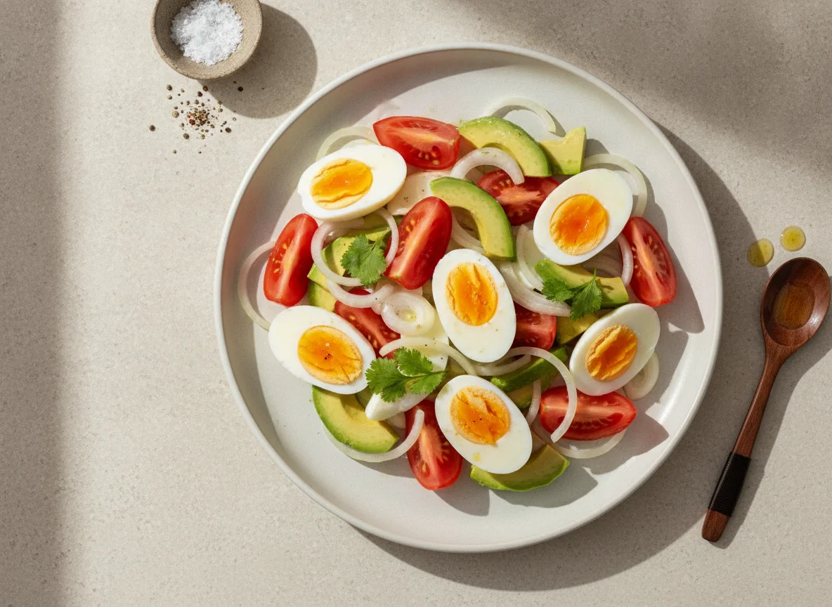 Ensalada de huevo duro con tomate, cebolla y palta photo