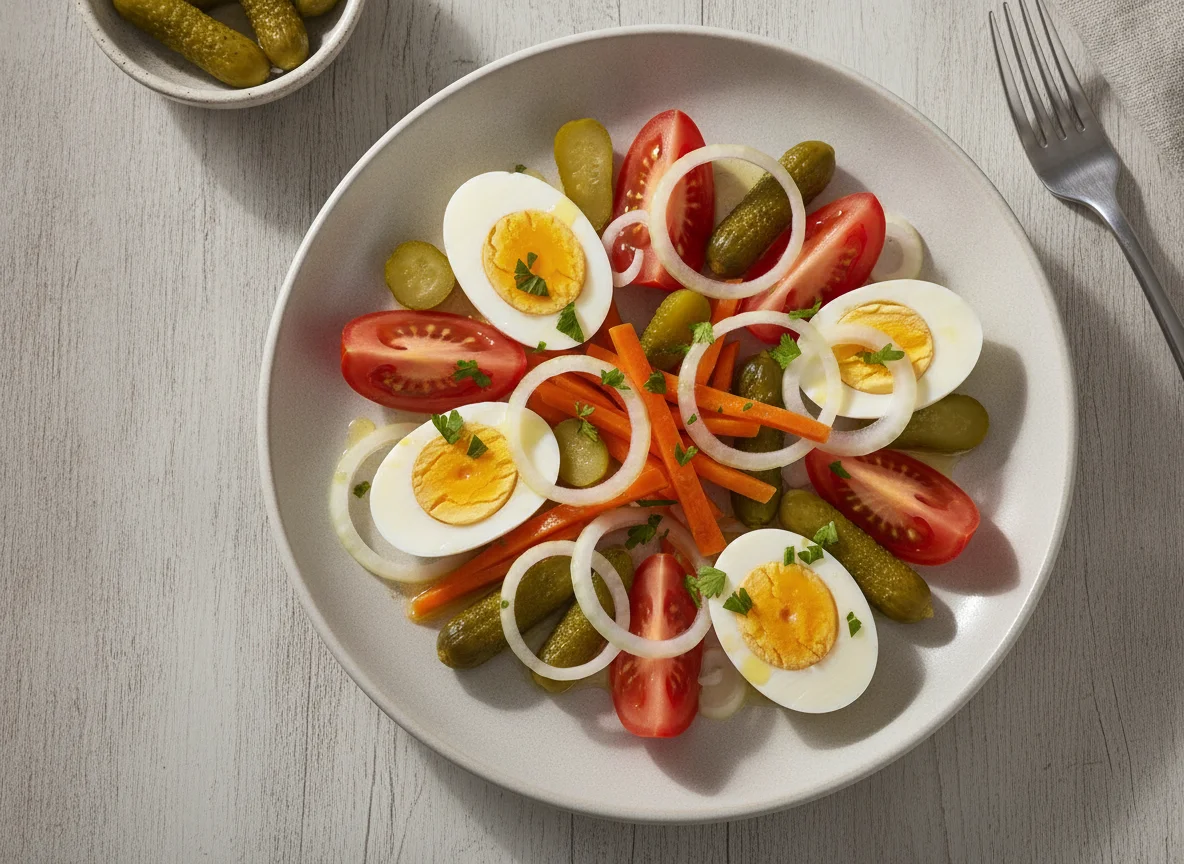 Ensalada de huevo duro, tomate y encurtidos photo