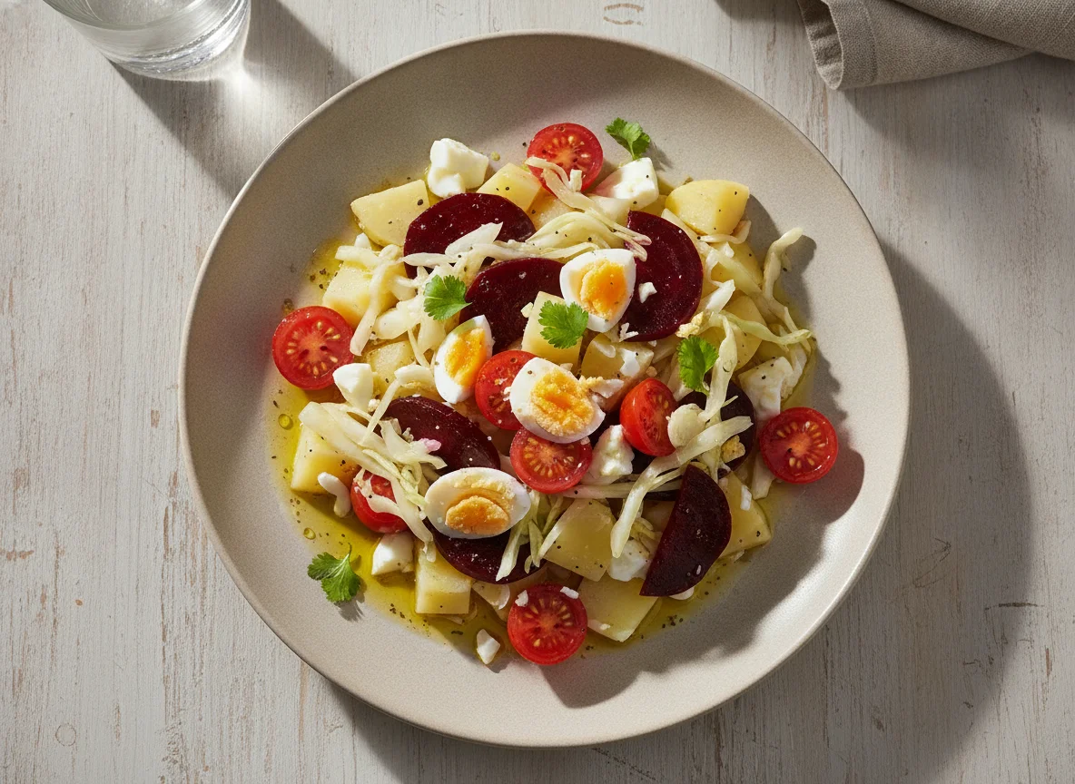 Ensalada de huevo, papa, remolacha y tomates cherry photo