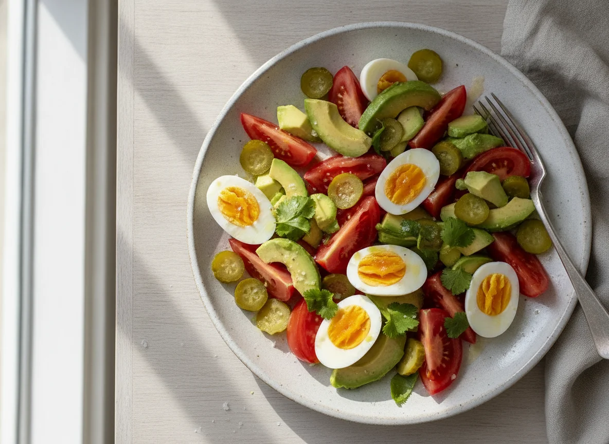 Ensalada de huevo, tomate, palta y pepinillos photo