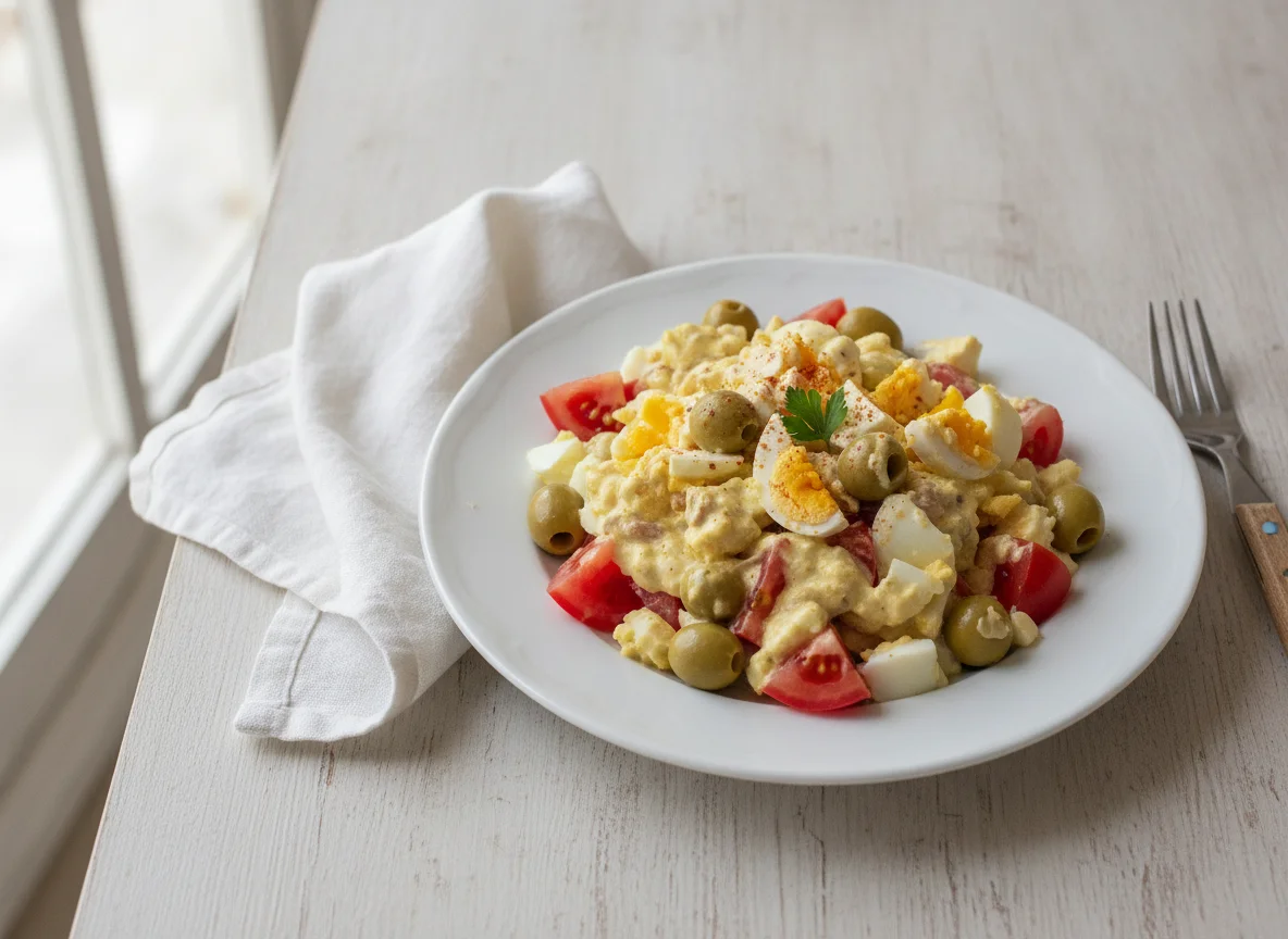 Ensalada de huevo, tomate y aceitunas con salsa photo