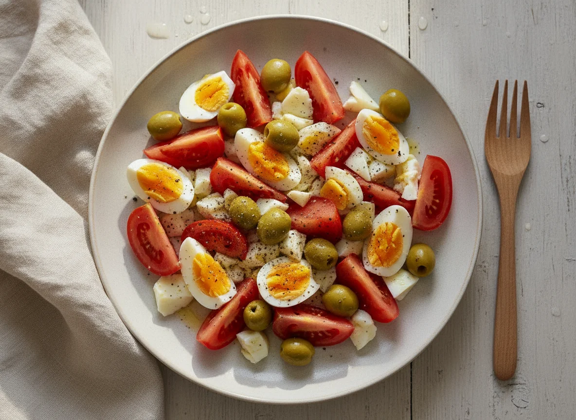 Ensalada de huevo, tomate y aceitunas photo