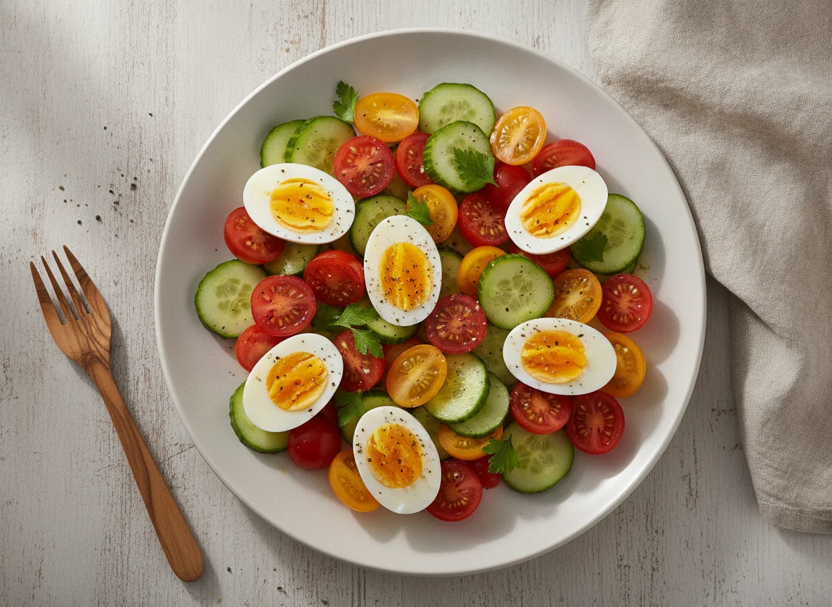 Ensalada de huevo, tomate y pepino photo