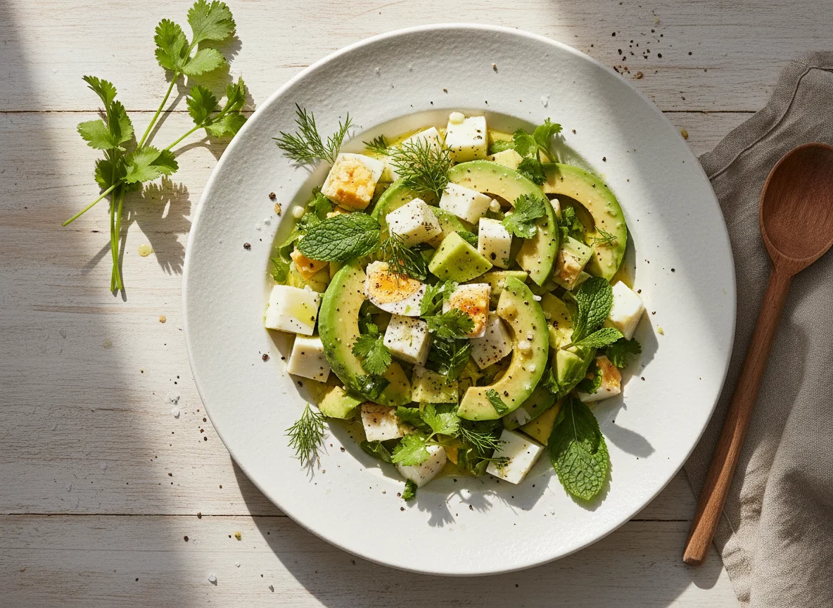 Ensalada de huevo y aguacate con hierbas photo