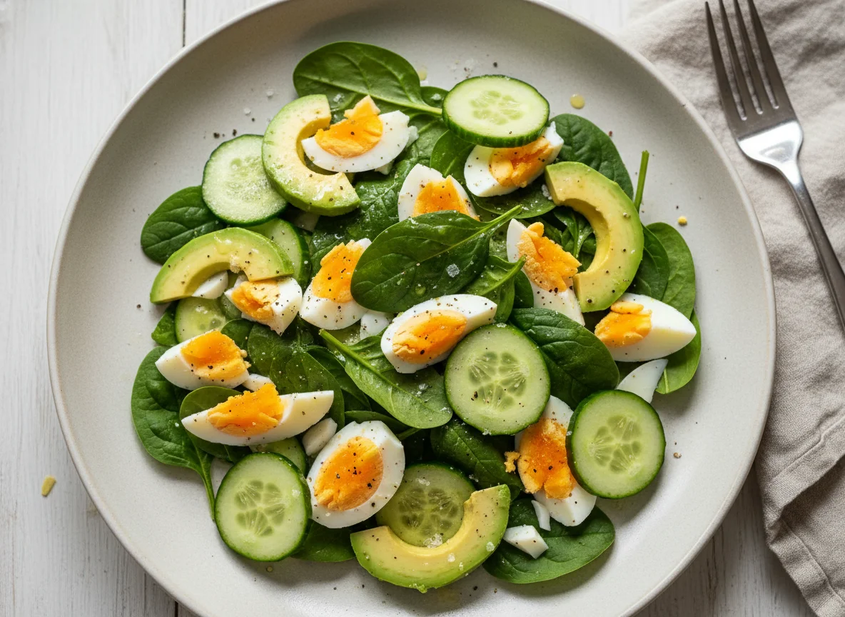 Ensalada de huevos, aguacate y espinacas photo