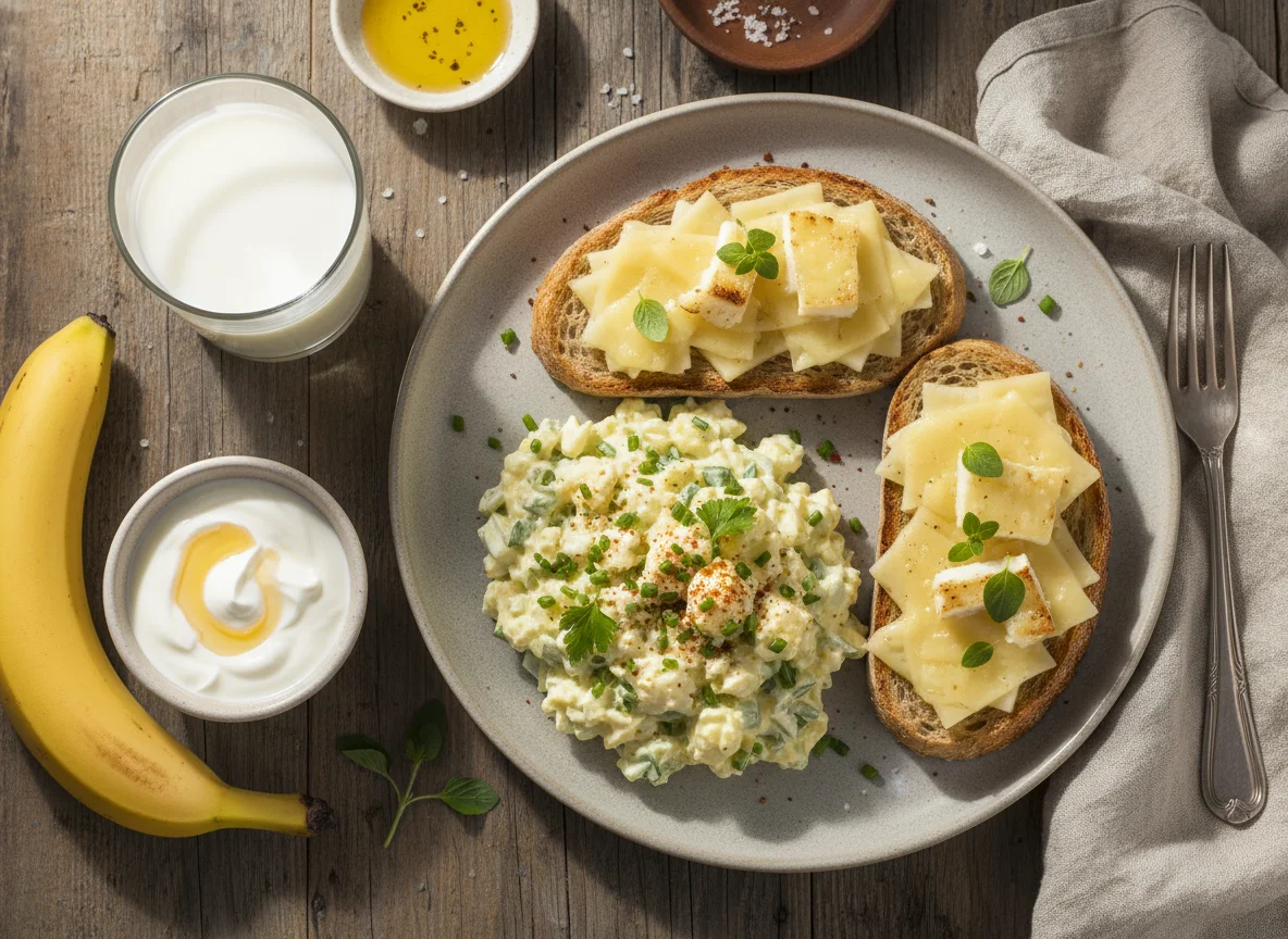 Ensalada de huevos echa con seis y un poco de yogur griego y pan con queso photo