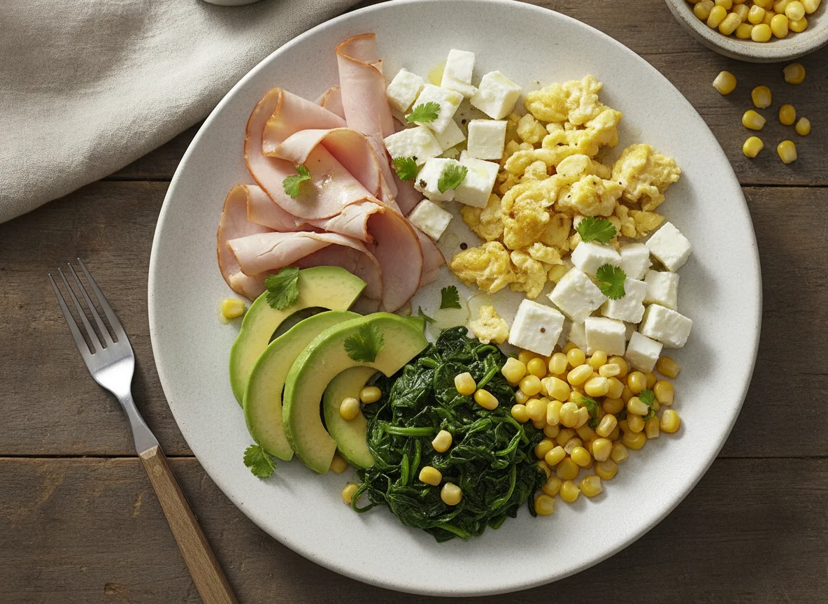 Ensalada de jamón con huevo, espinacas, queso panela, aguacate y elote photo