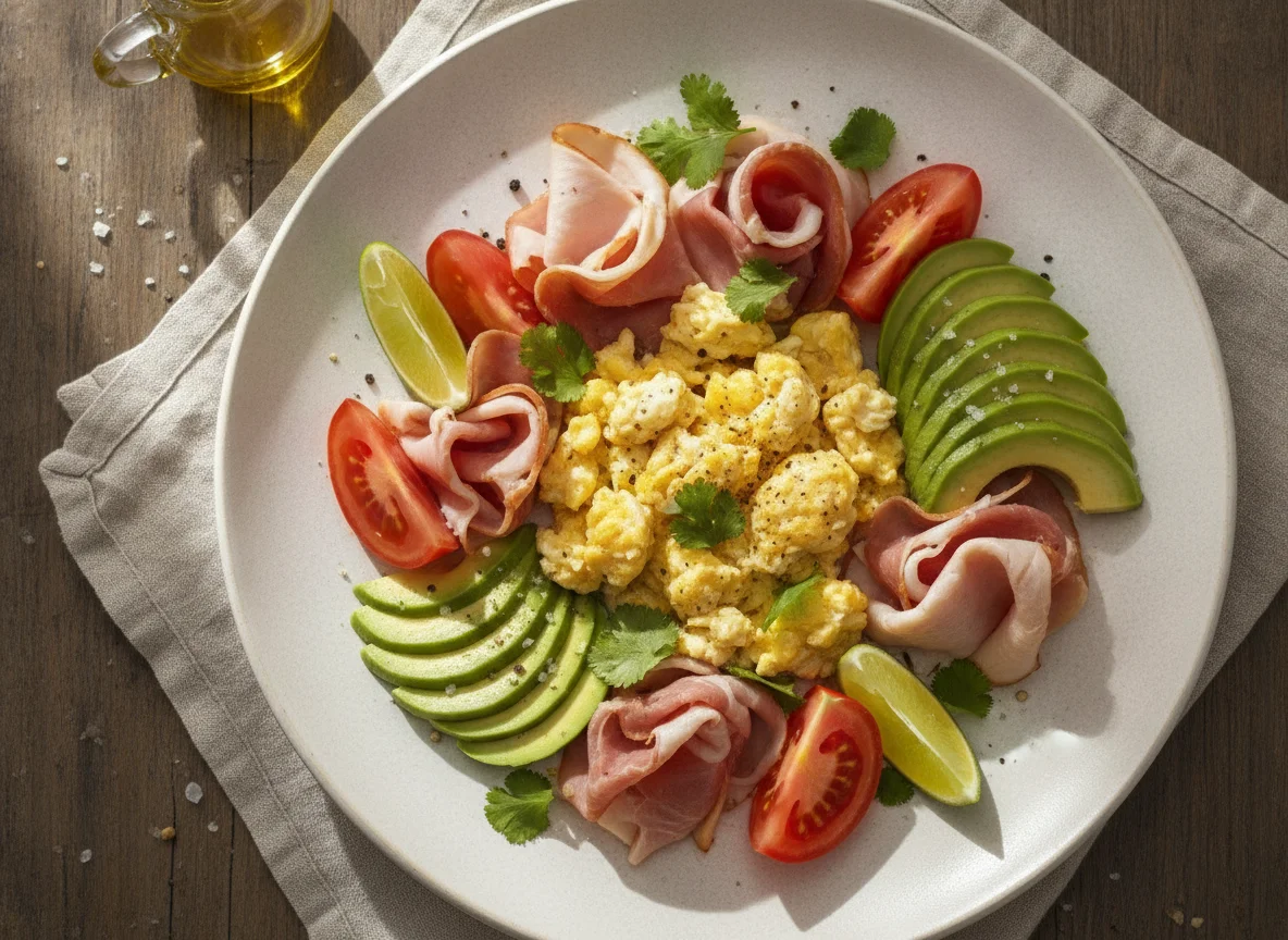 Ensalada de jamón, huevo, aguacate y tomate photo