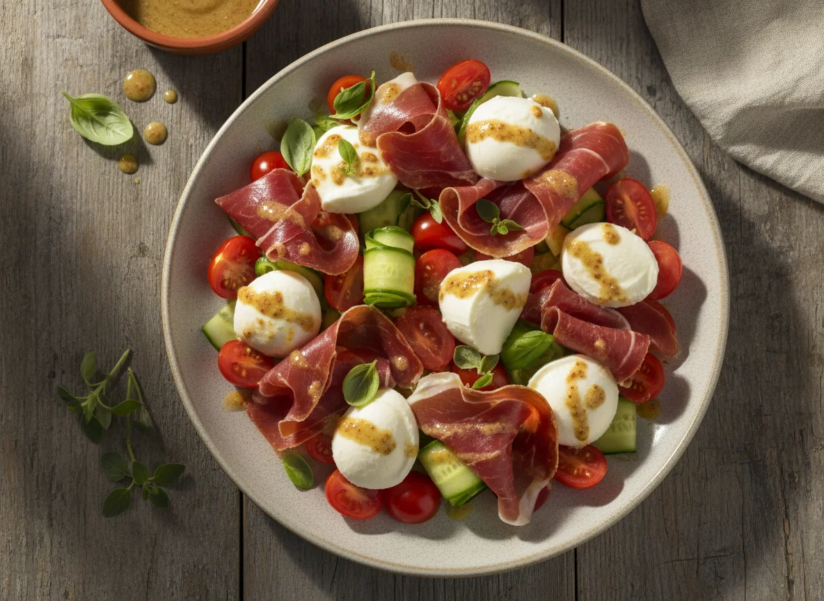 Ensalada de jamón serrano, mozzarella y tomate photo