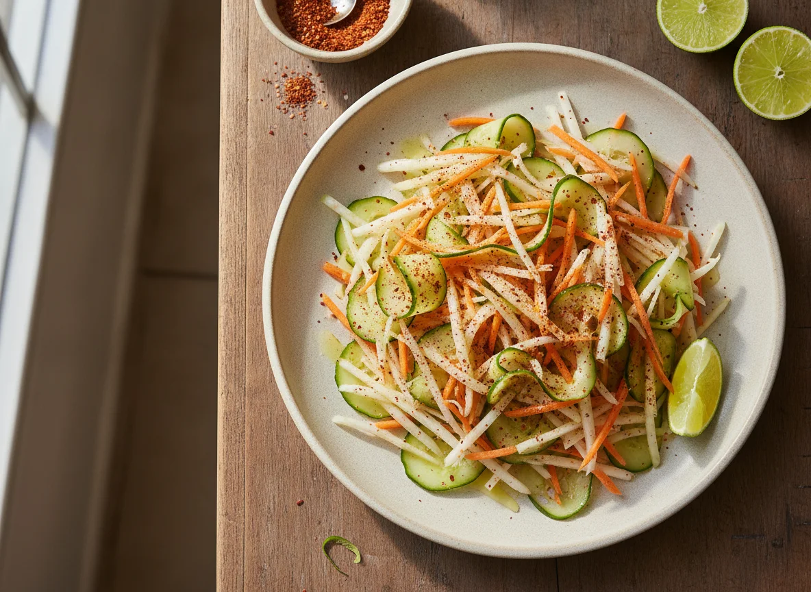Ensalada de jícama, zanahoria y pepino con chile photo