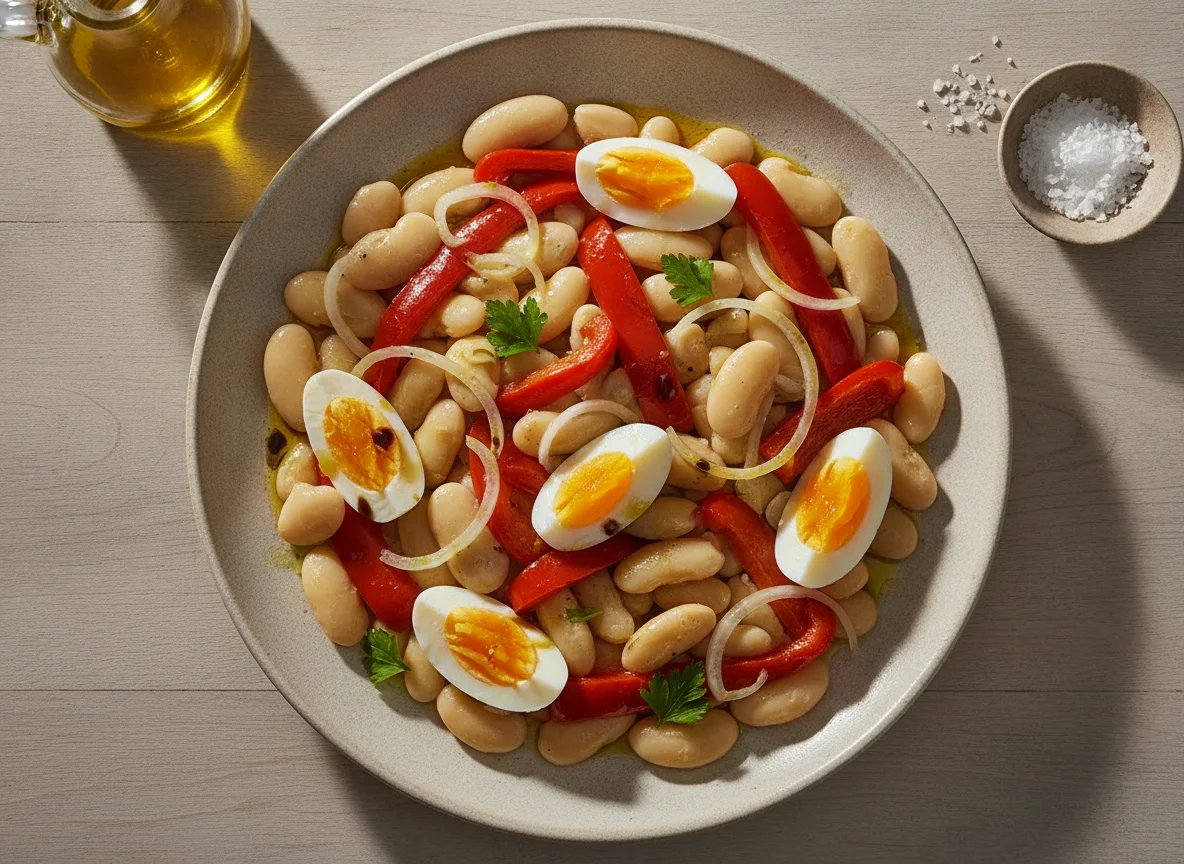 Ensalada de judiones con pimientos y huevo photo