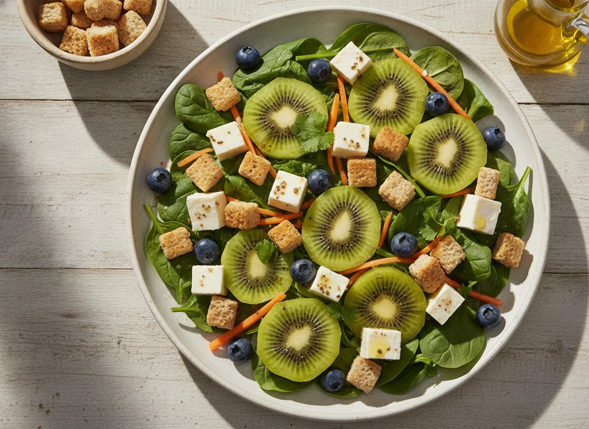Ensalada de kiwi con queso panela y crutones photo