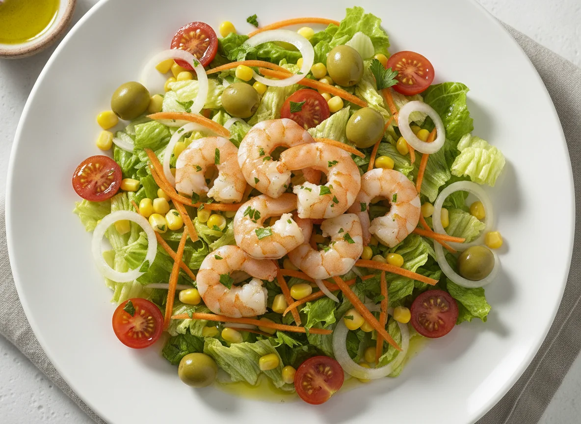 Ensalada de langostinos con cebolla y zanahoria photo