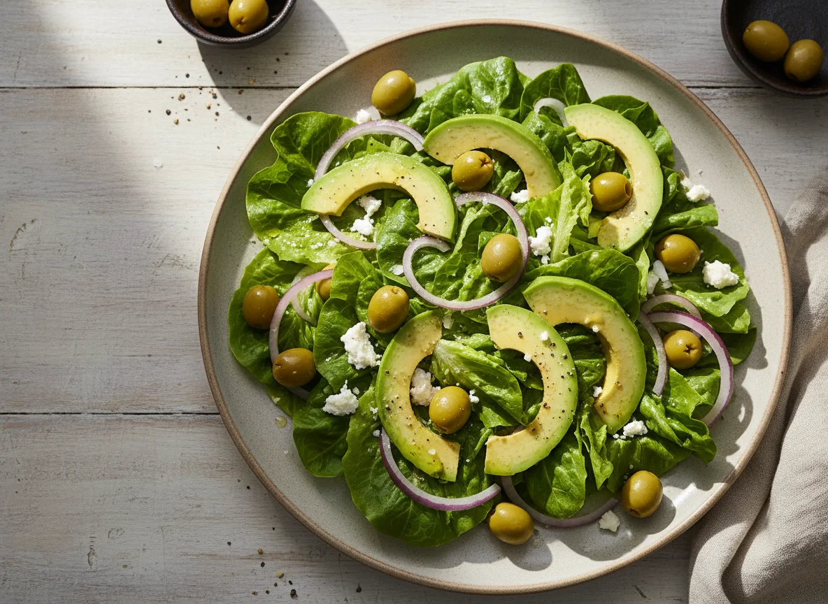 Ensalada de lechuga, aguacate y aceitunas photo