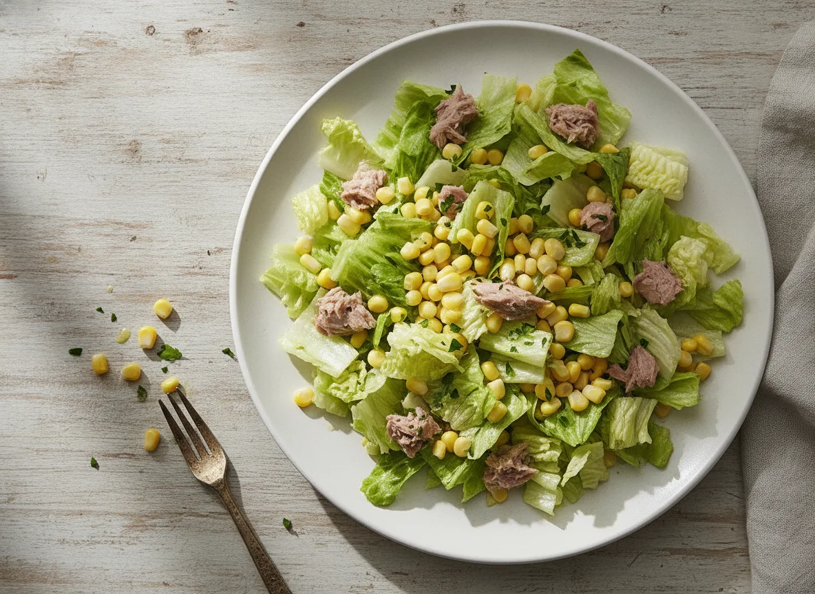 Ensalada de lechuga, atún y maíz photo