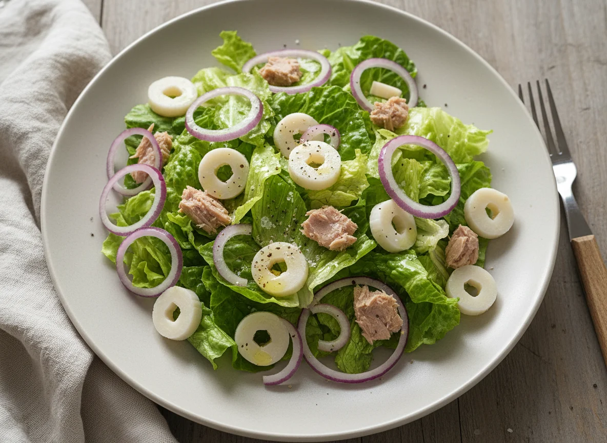 Ensalada de lechuga, cebolla, atún y palmitos photo