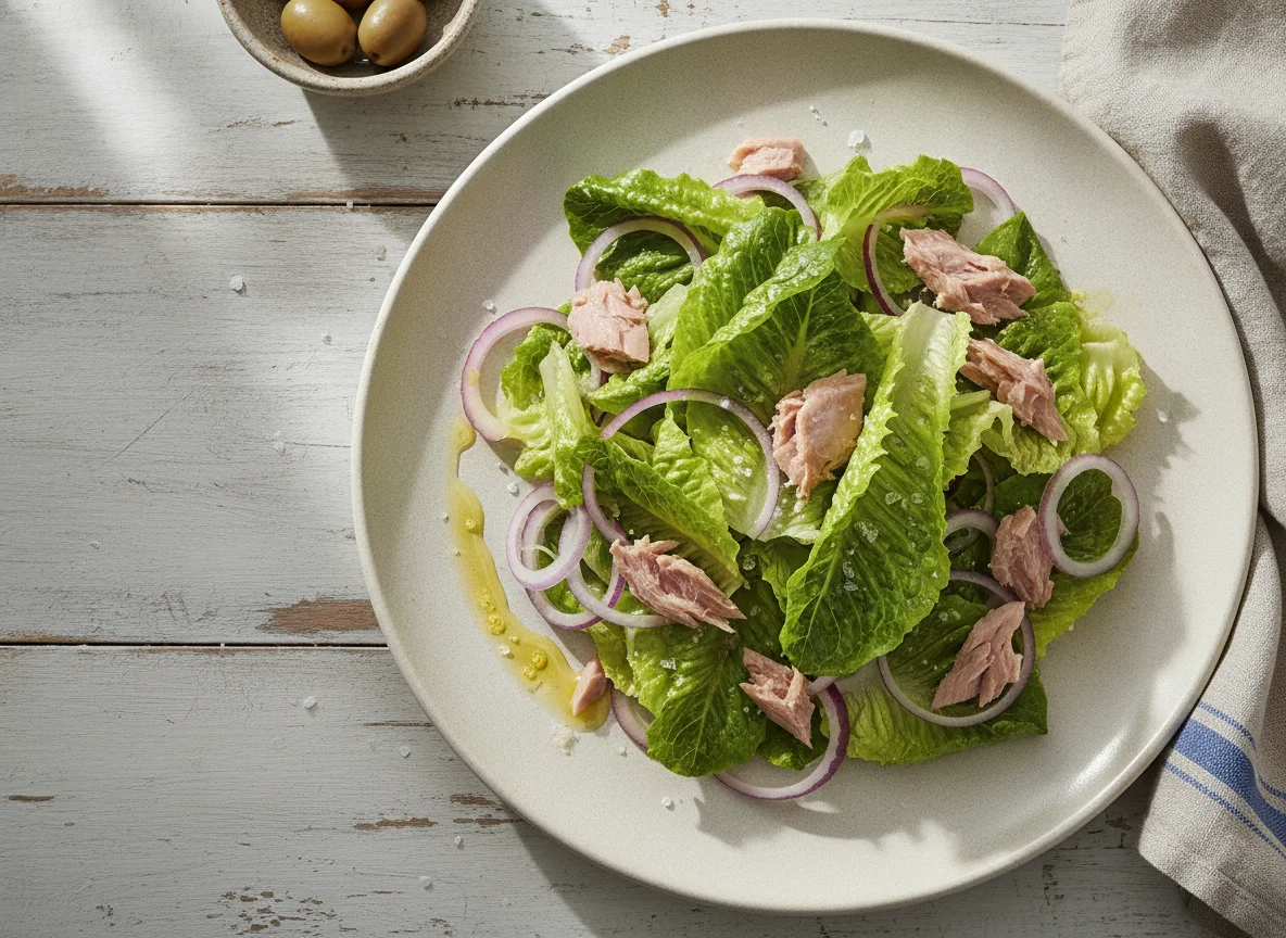 Ensalada de lechuga, cebolla y atún photo