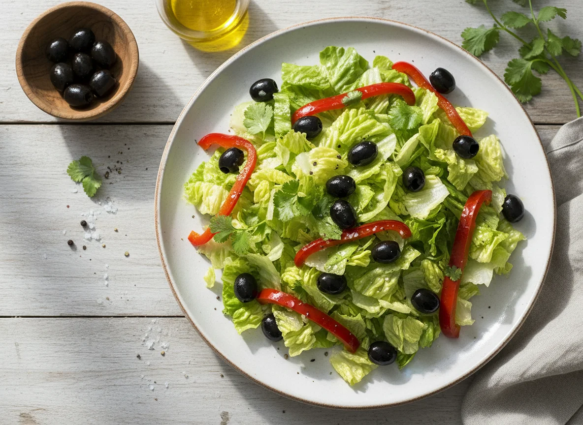 Ensalada de lechuga con aceitunas y hierbas photo