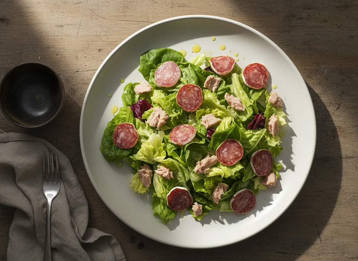 Ensalada de lechuga con atún y fuet photo