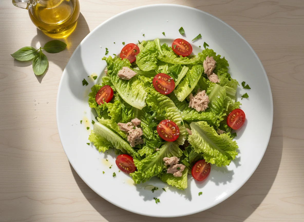 Ensalada de lechuga con atún y tomate cherry photo