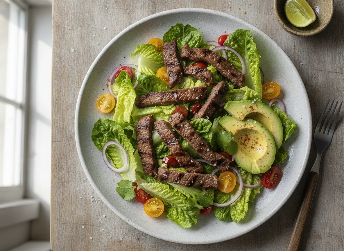 Ensalada de lechuga con carne y aguacate photo