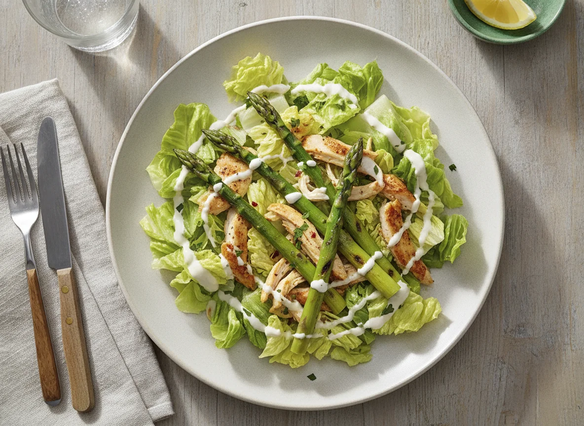 Ensalada de lechuga con espárragos y pollo photo