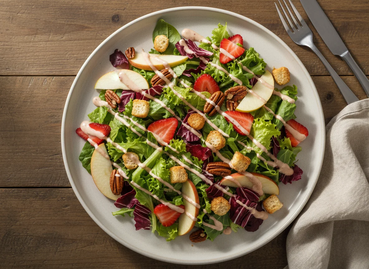 Ensalada de lechuga con fresas, manzana y nueces photo