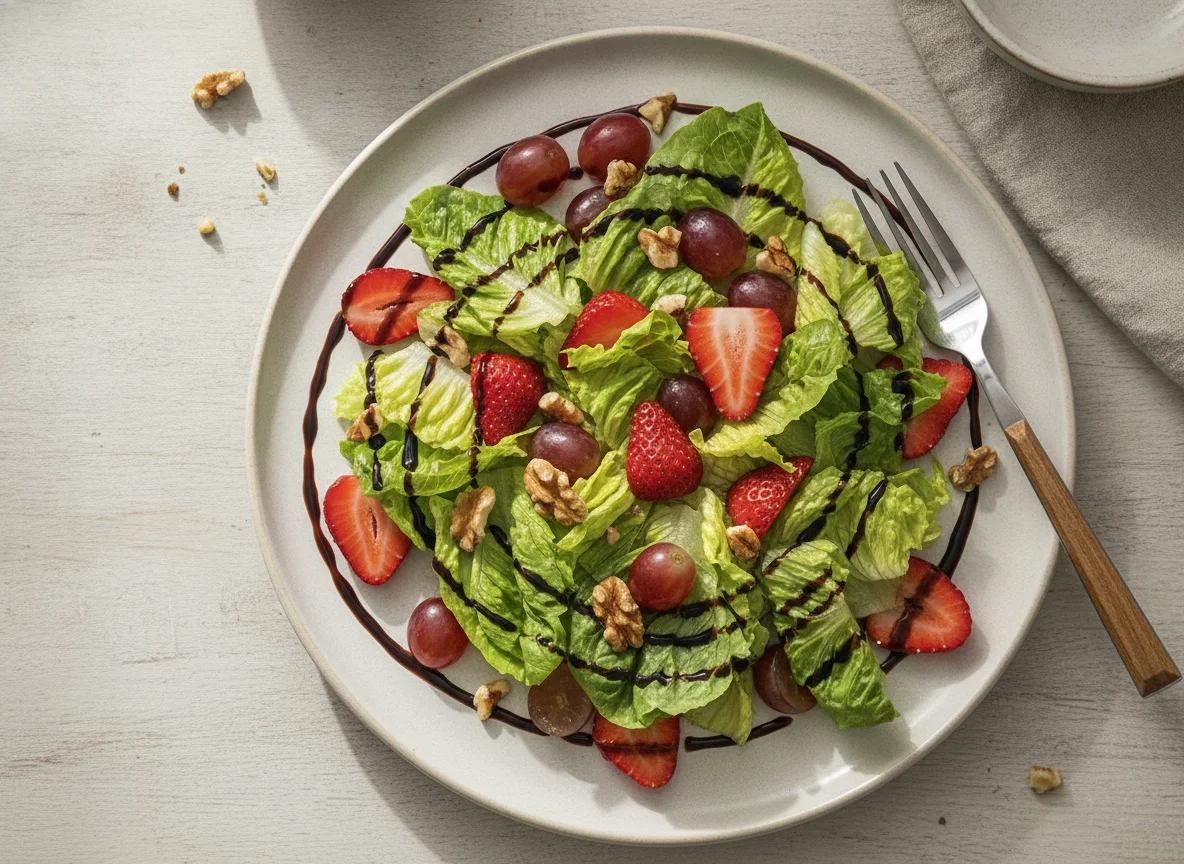 Ensalada de lechuga con fresas, uvas, nueces y crema de balsámico photo