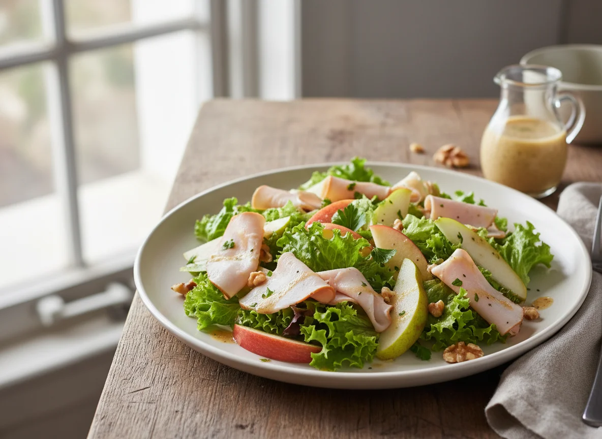Ensalada de lechuga con jamón, manzana y pera photo