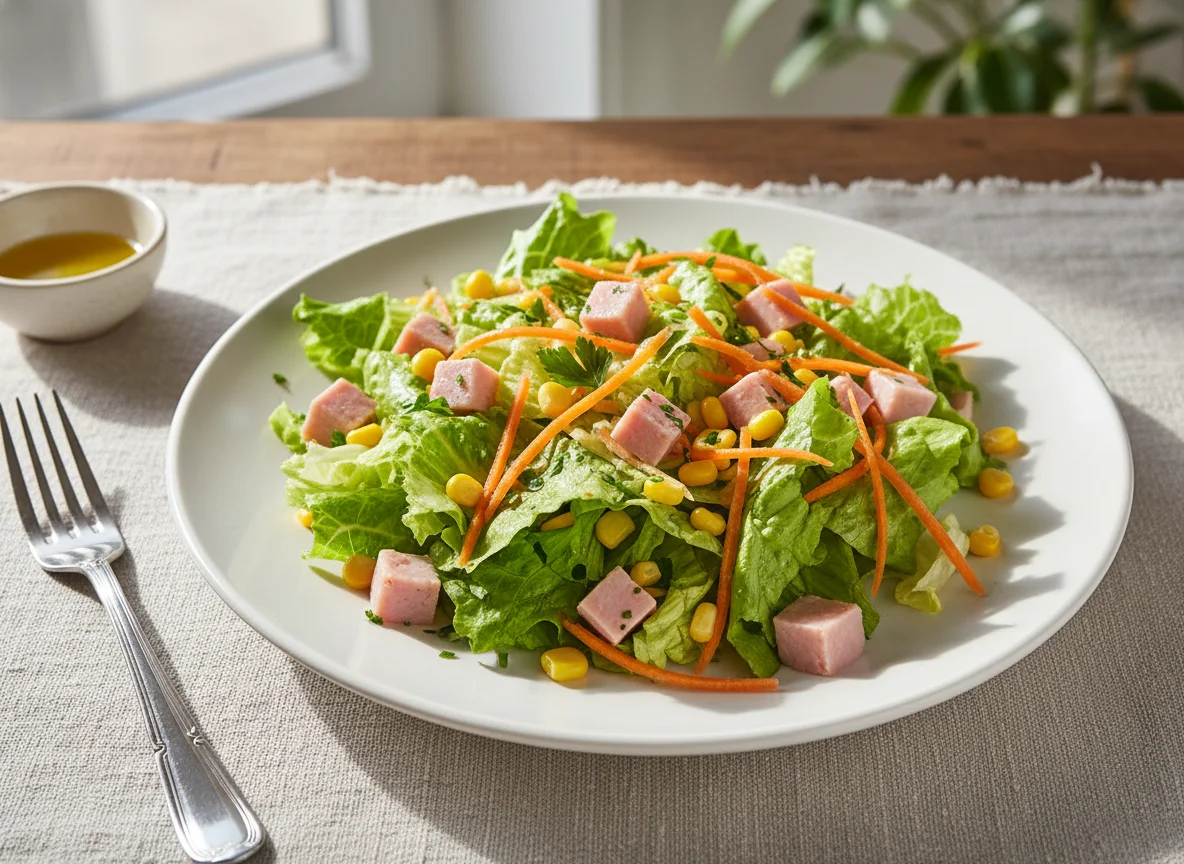 Ensalada de lechuga con jamón, zanahoria y maíz photo