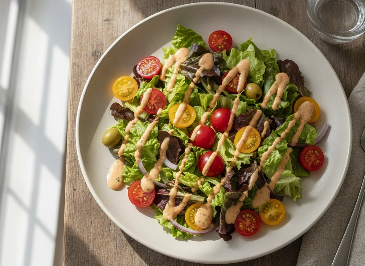 Ensalada de lechuga con tomates cherry y aderezo photo