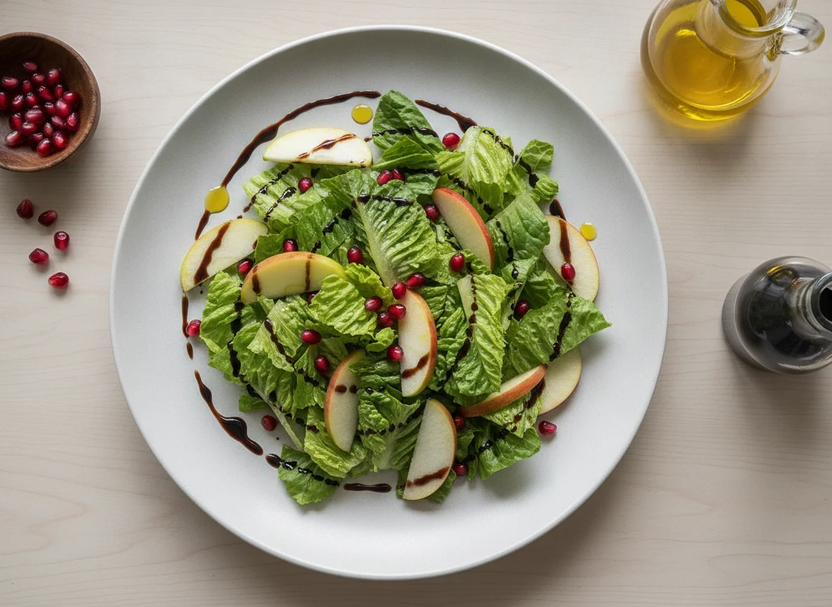 Ensalada de lechuga, granada y manzana con vinagreta photo