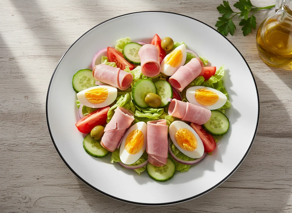 Ensalada de lechuga, jamón, huevo y pepino photo