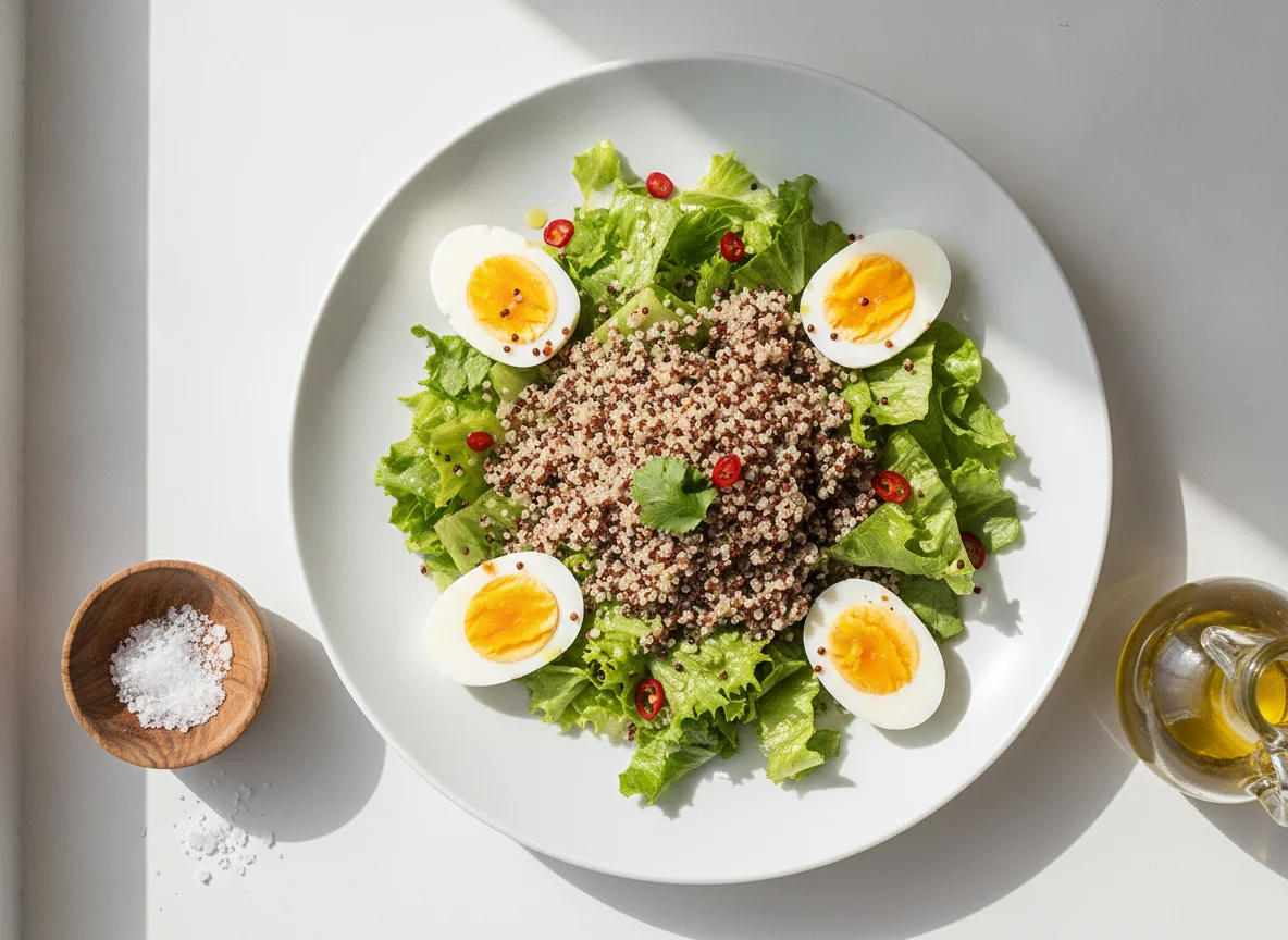 Ensalada de lechuga, quinoa y huevo duro photo
