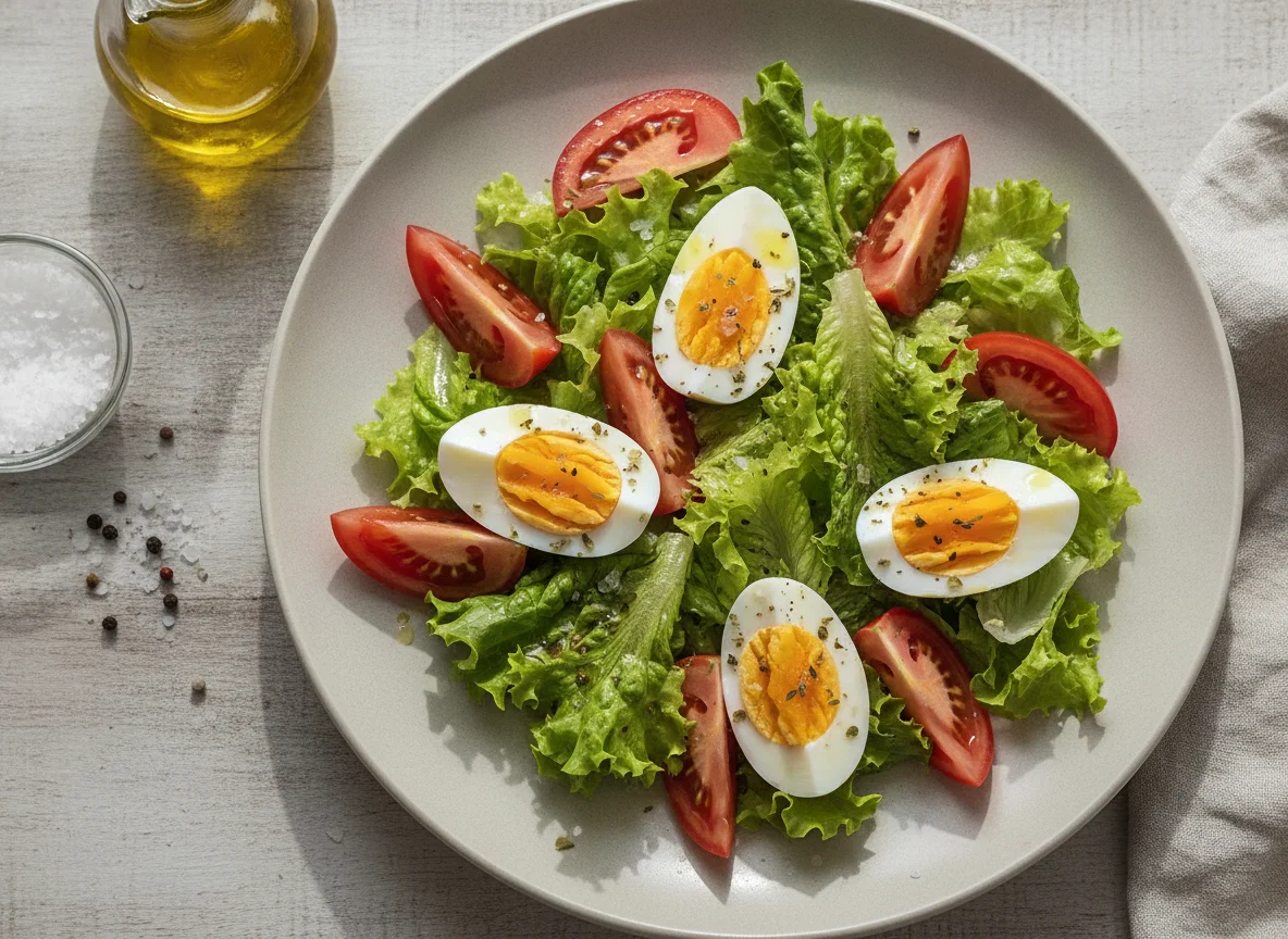Ensalada de lechuga, tomate y huevo photo