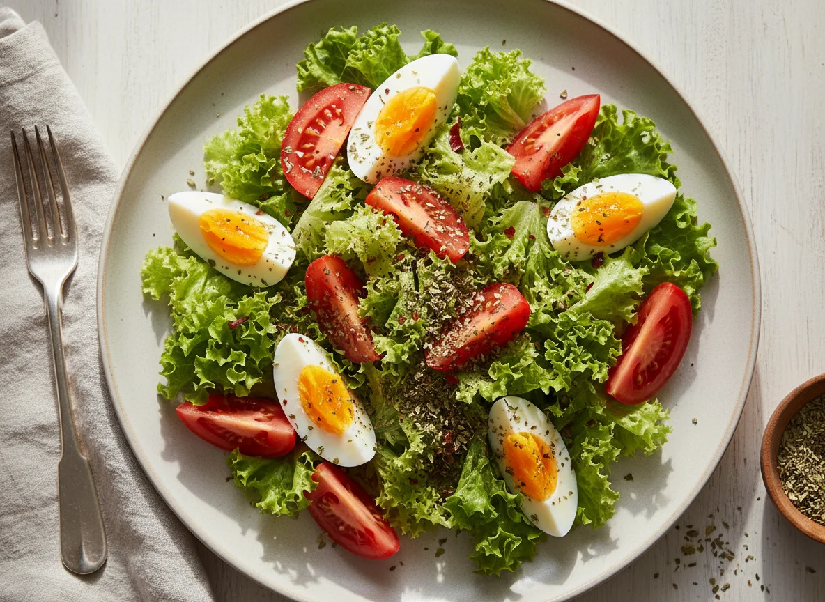 Ensalada de lechuga, tomate y huevo con orégano y merkén photo